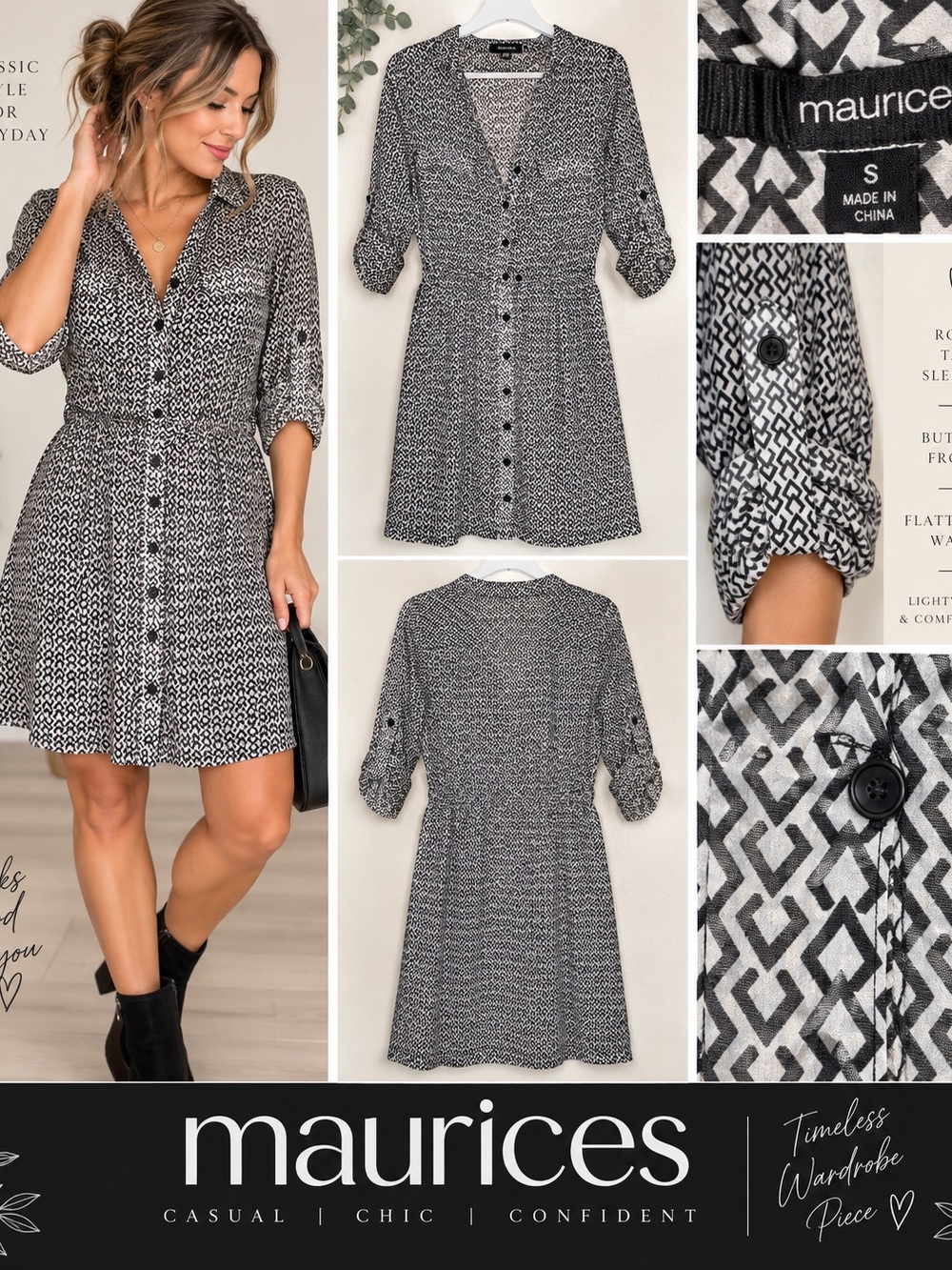 Maurices Black & White Printed Button-Front Dress
